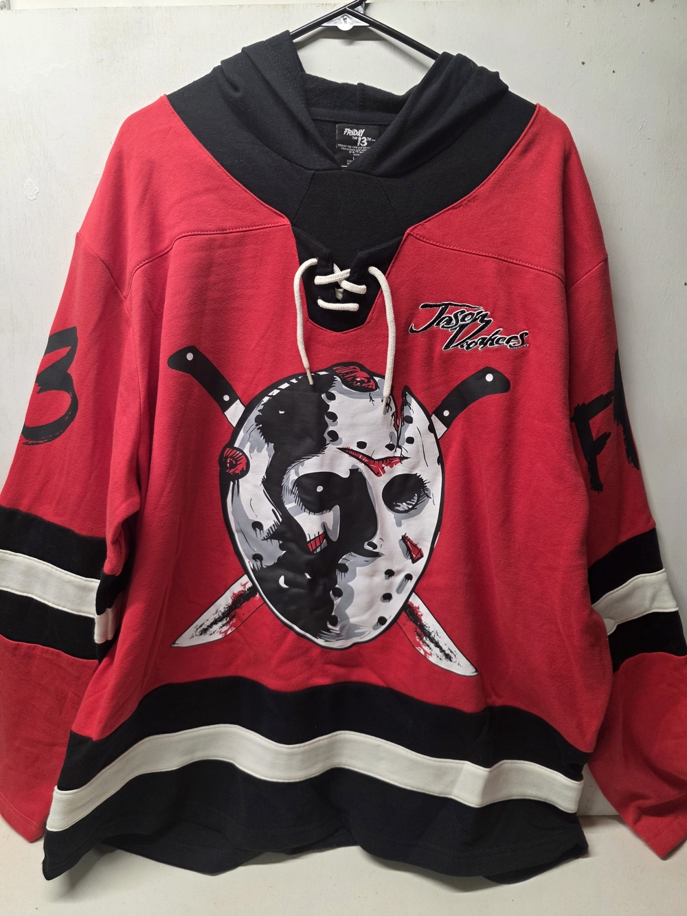 Friday the 13th Jason Voorhees Hockey Jersey Hoodie Adult Large Red Black